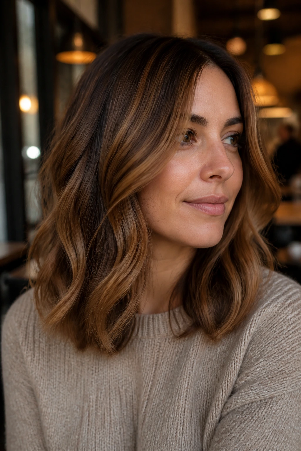 Shoulder-length brunette with cinnamon glaze balayage in warm light