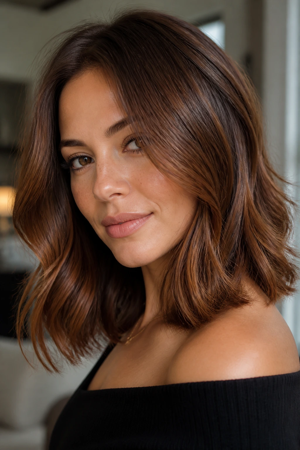 Close-up of a real woman with cinnamon brunette glow catching light on medium-length hair