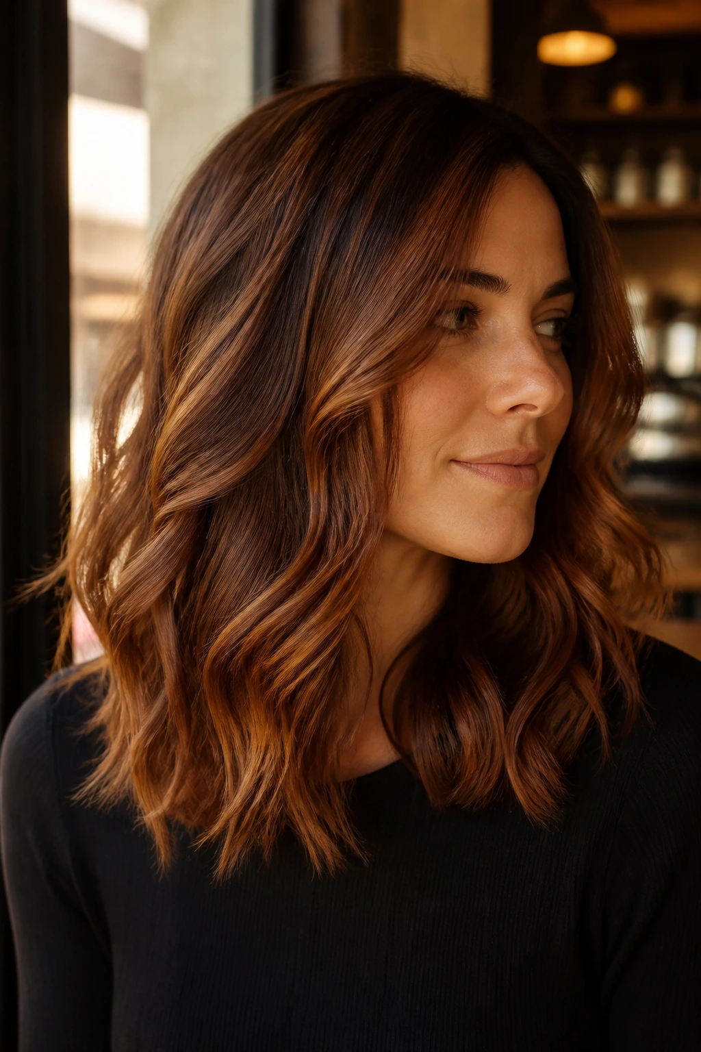 Close-up portrait of Cinnamon Brunette with warm cinnamon brown tones and subtle gold undertones