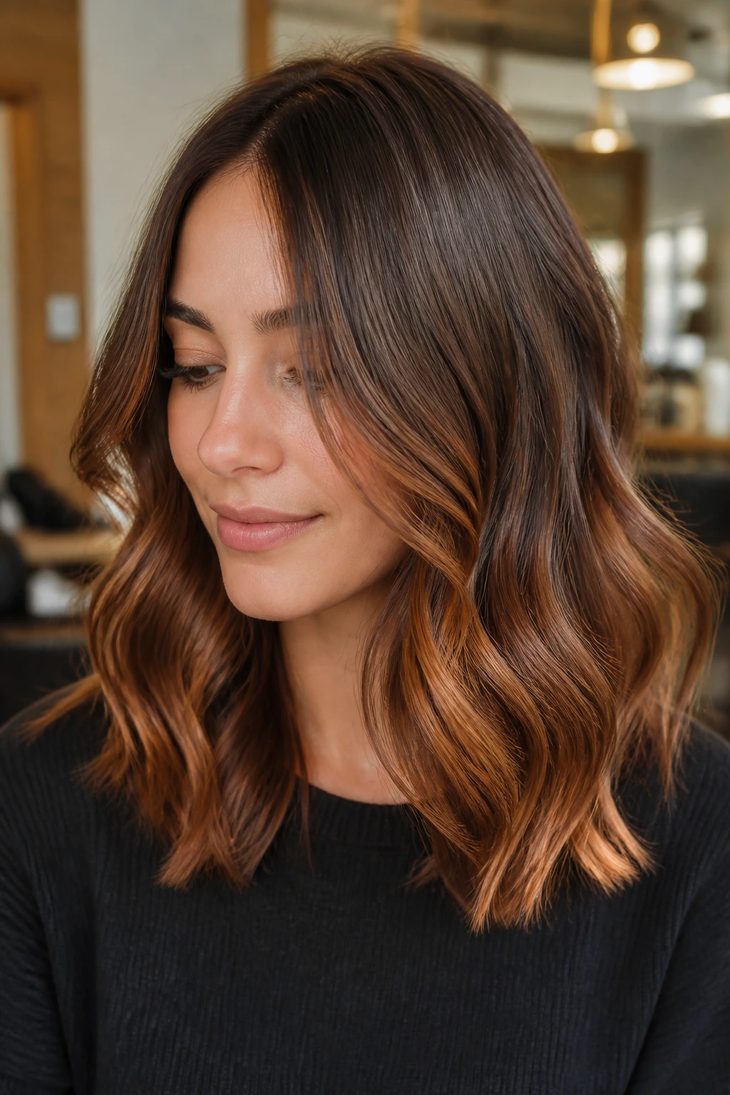 Close-up of a brunette with soft cinnamon tones in shoulder-length hair under warm window light