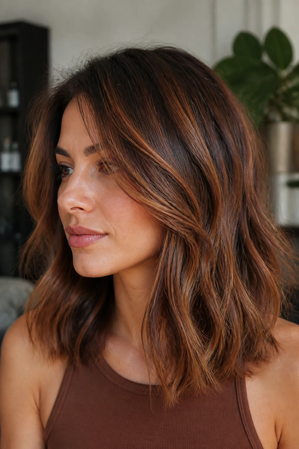 Portrait of a brunette with cinnamon highlights in a layered lob.