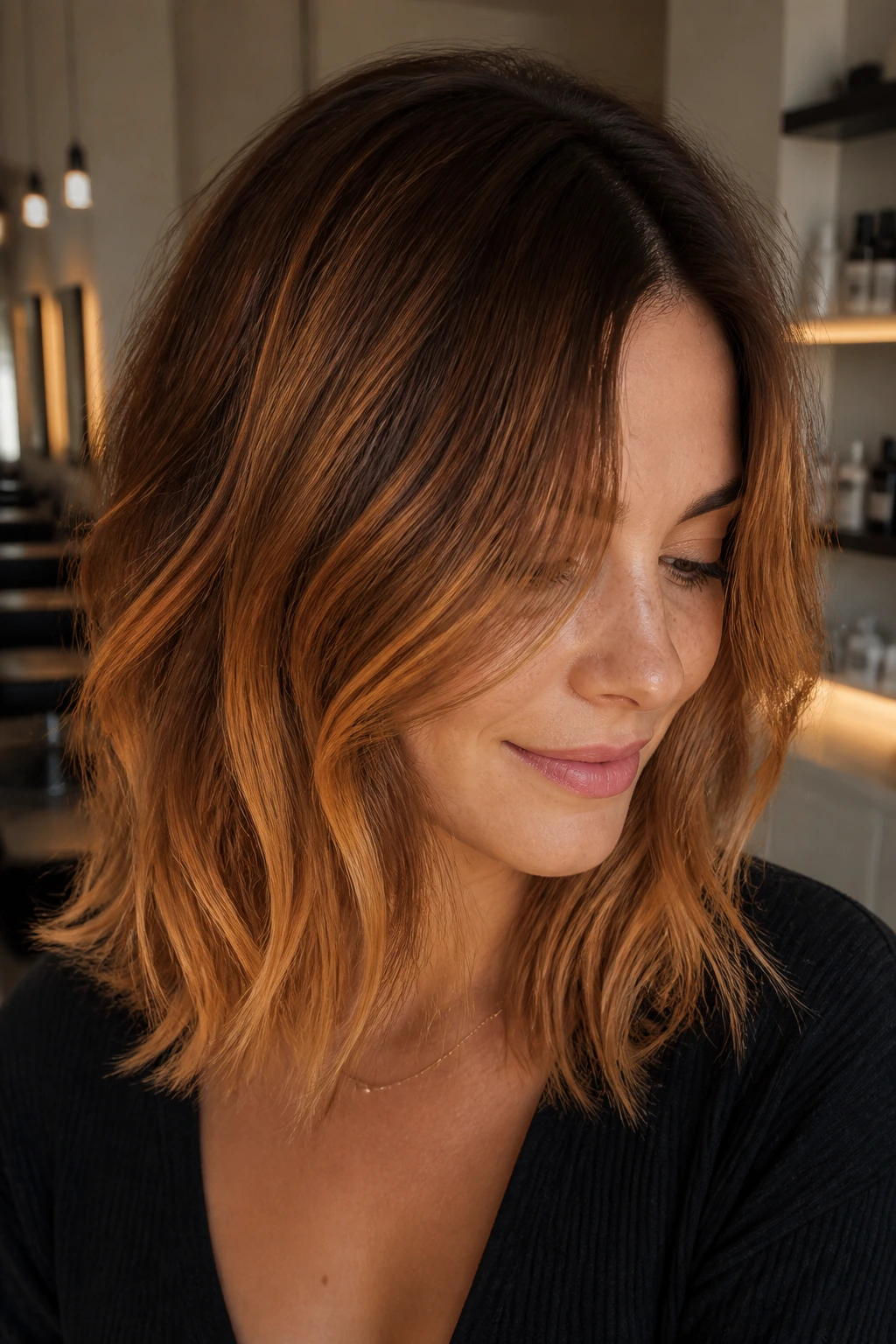 Hair ombre cinnamon brunette to maple ends on a real person