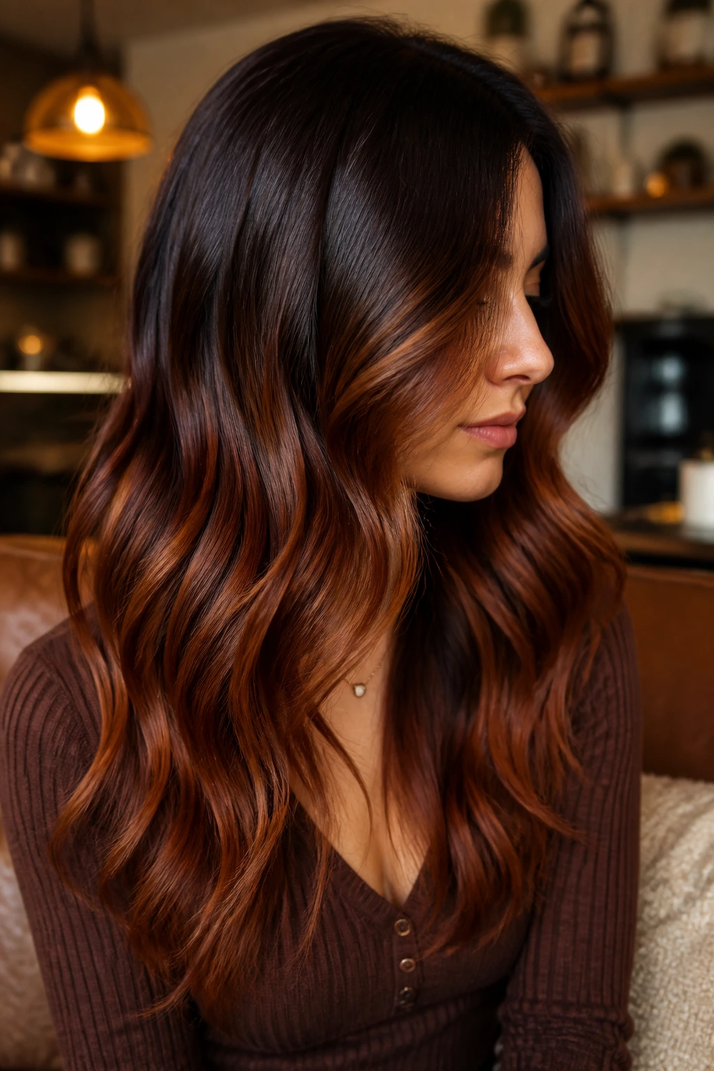 Portrait of cinnamon brunette melt with smooth root-to-end warmth