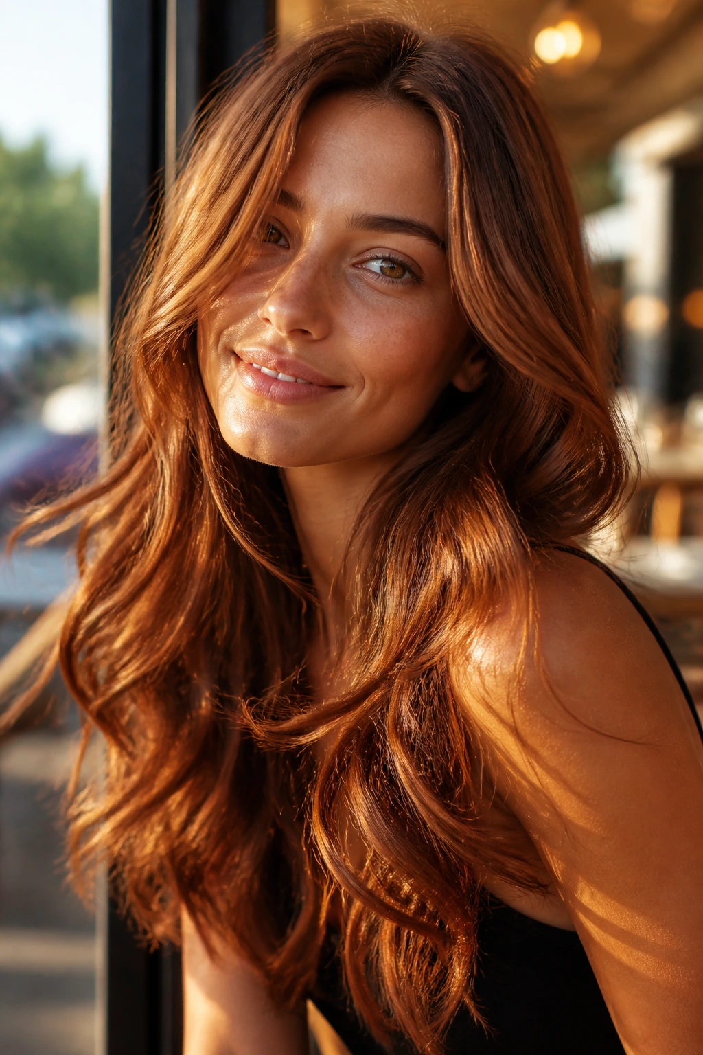 Portrait of a real woman with cinnamon brunette hair and soft movement in waves