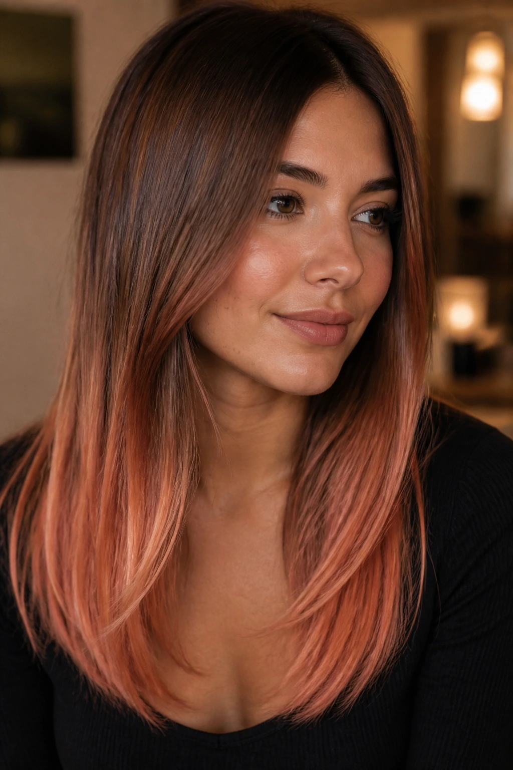 Close-up portrait of a real woman with cinnamon brunette to peach ends ombre