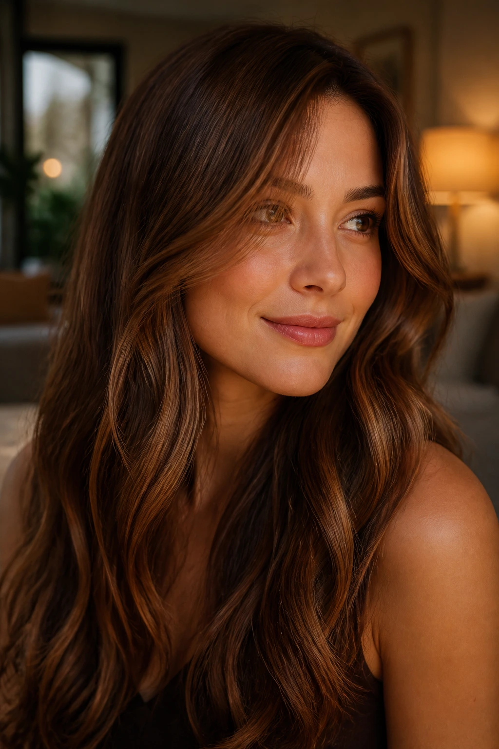 Close-up portrait of a real woman with cinnamon brunette hair in warm light