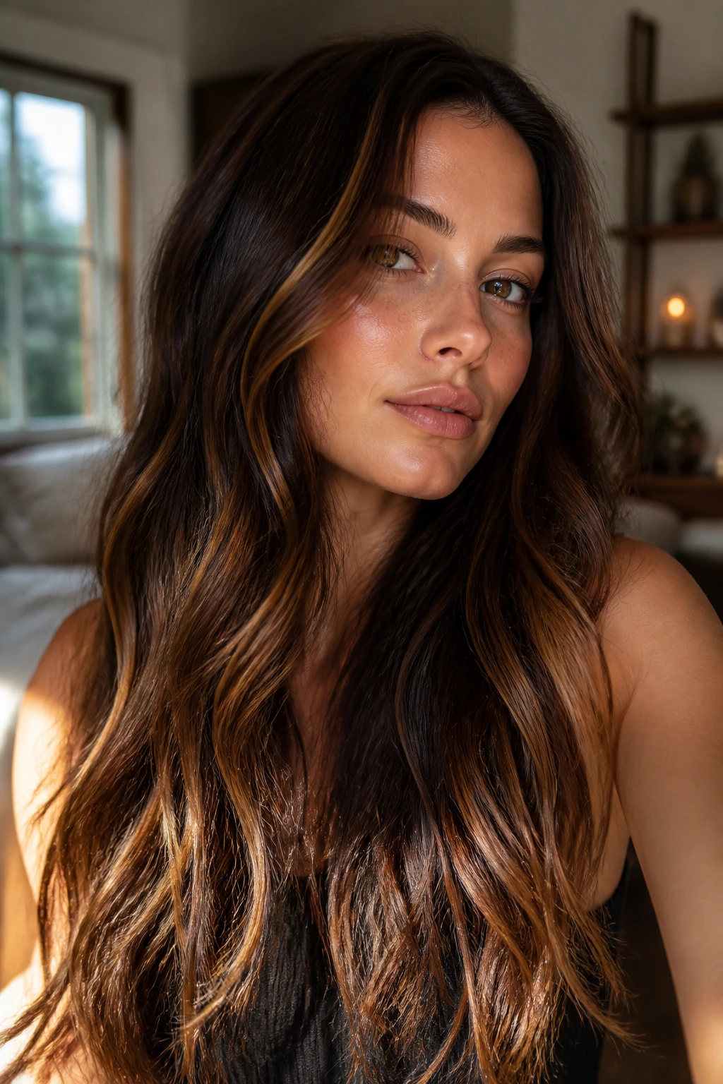 Close-up of cinnamon ribbon brunette hair with warm ribbons