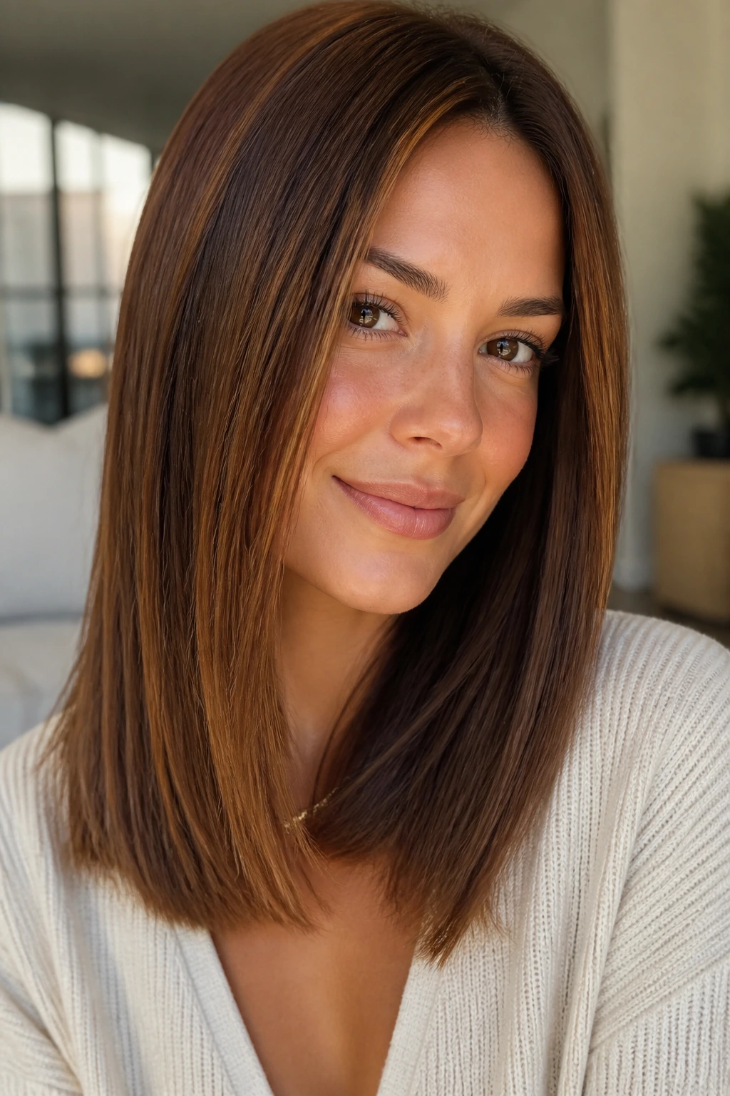 Close-up of cinnamon brunette hair with warm undertones on straight hair