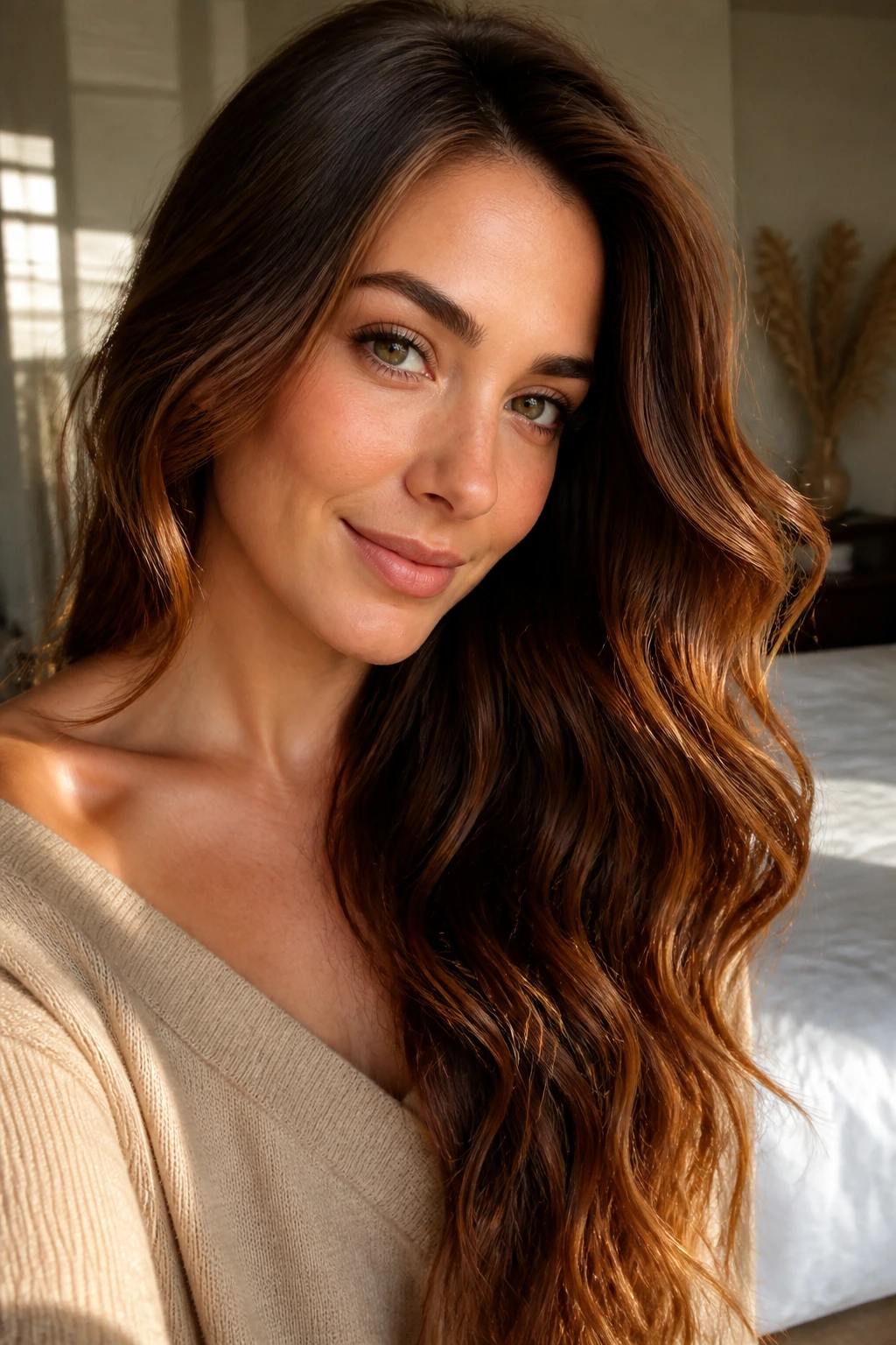 Close-up of a real woman with cinnamon brunette wavy hair over her shoulder