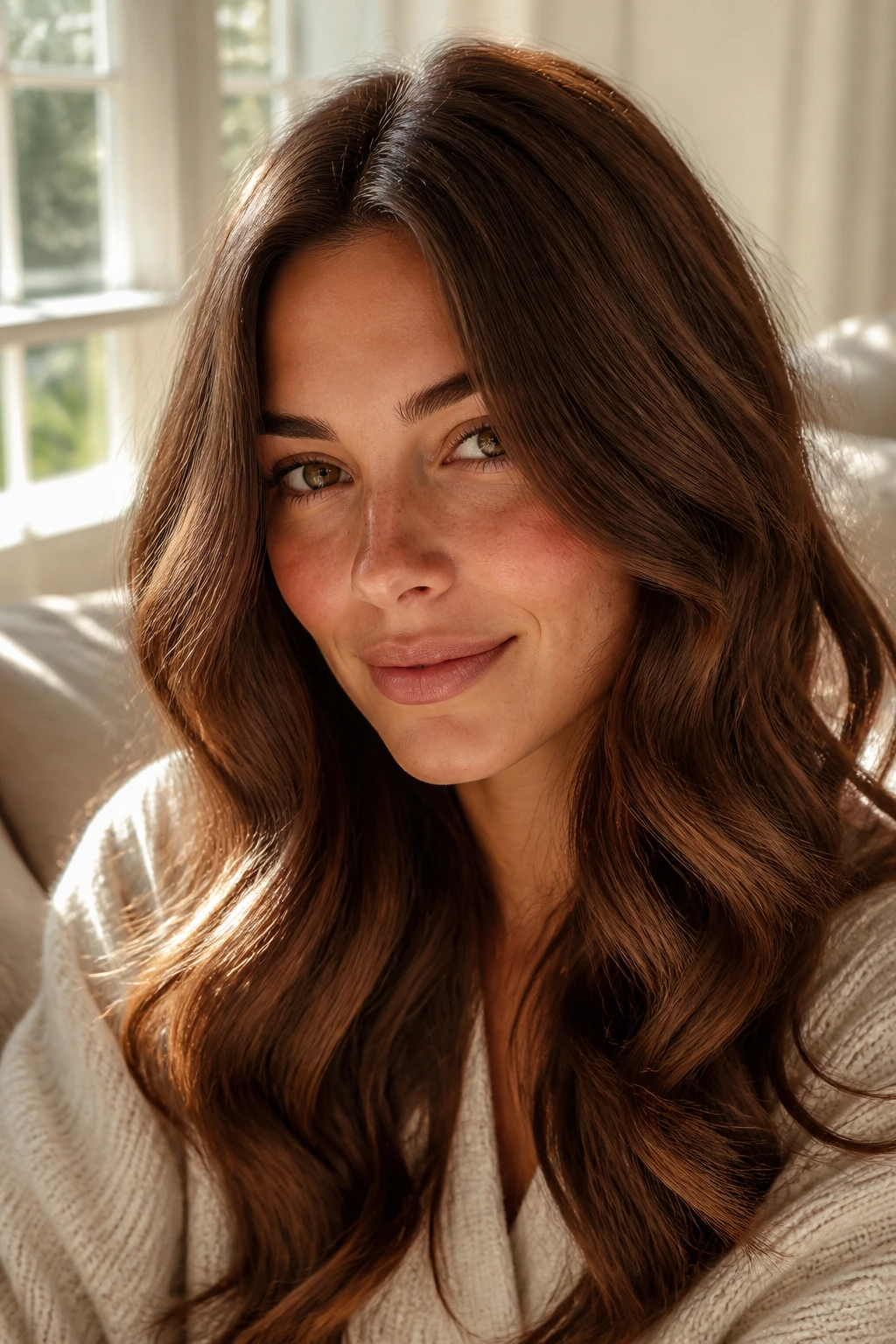 Close-up portrait of a real person with cinnamon brunette waves catching warm indoor light