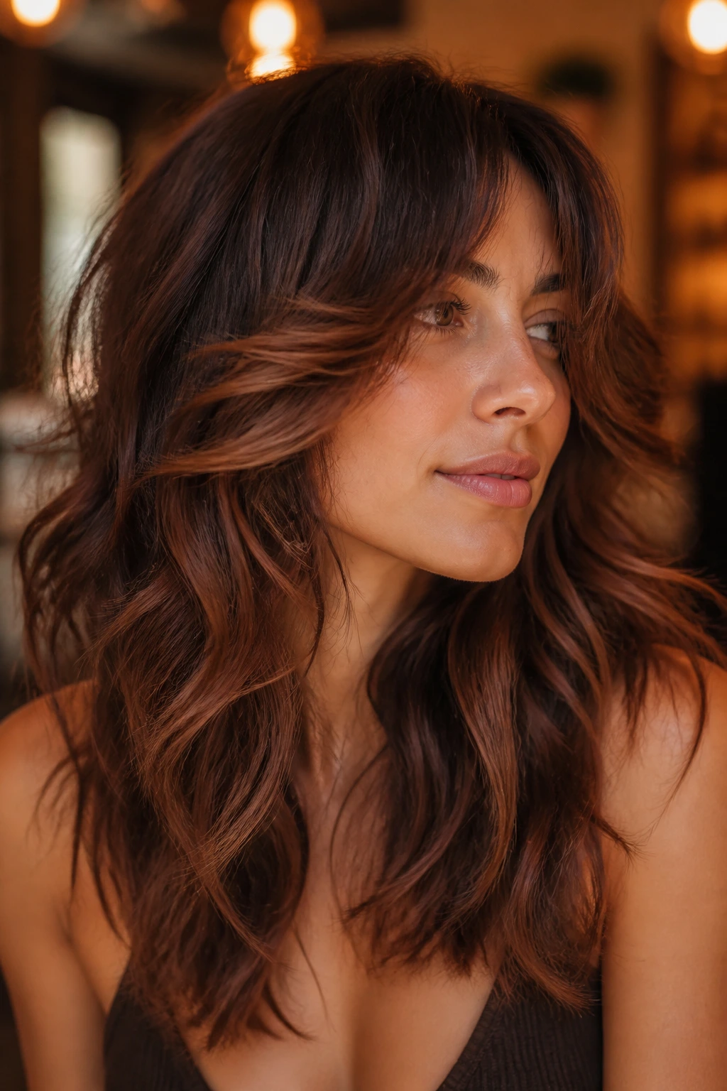 Close-up of a real woman with cinnamon brunette wolf cut and warm veil pieces.