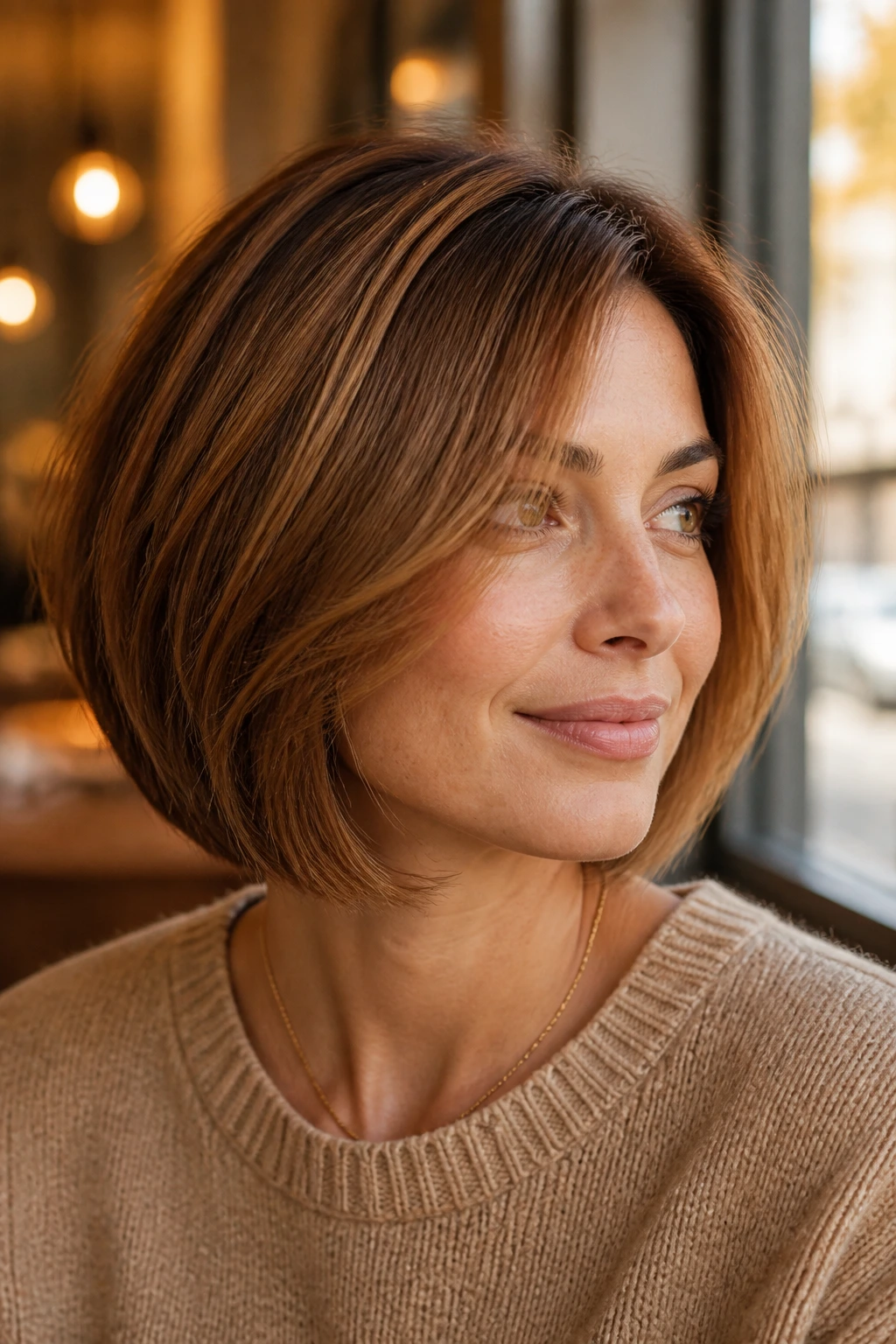 Close-up portrait of a real woman with cinnamon caramel bob and color ribbons.