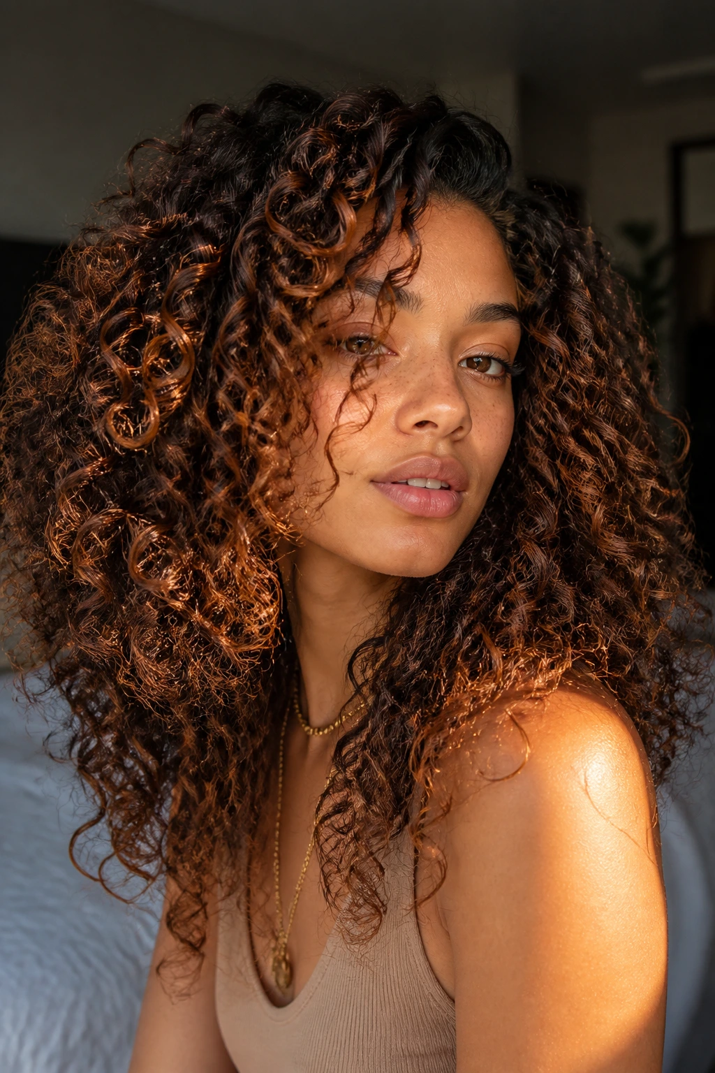 Close-up of a real woman's curly hair with cinnamon caramel highlights in natural daylight