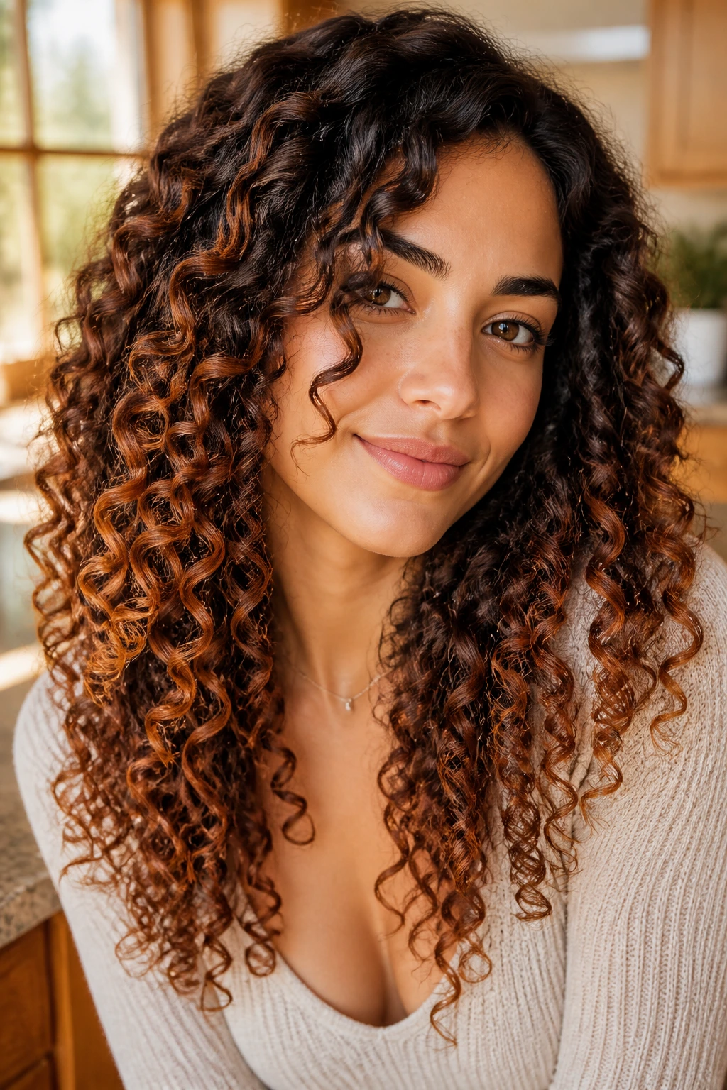 Real woman with cinnamon chestnut accents on corkscrew curls.