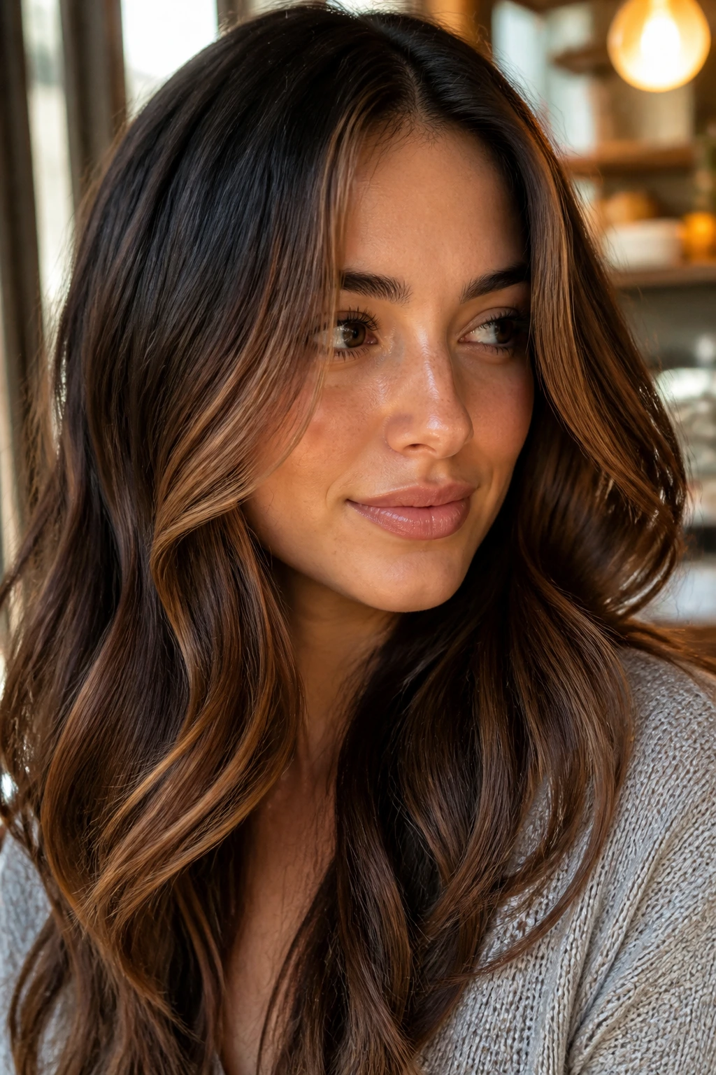 Portrait showing cinnamon chestnut face-framing panels near the cheeks.