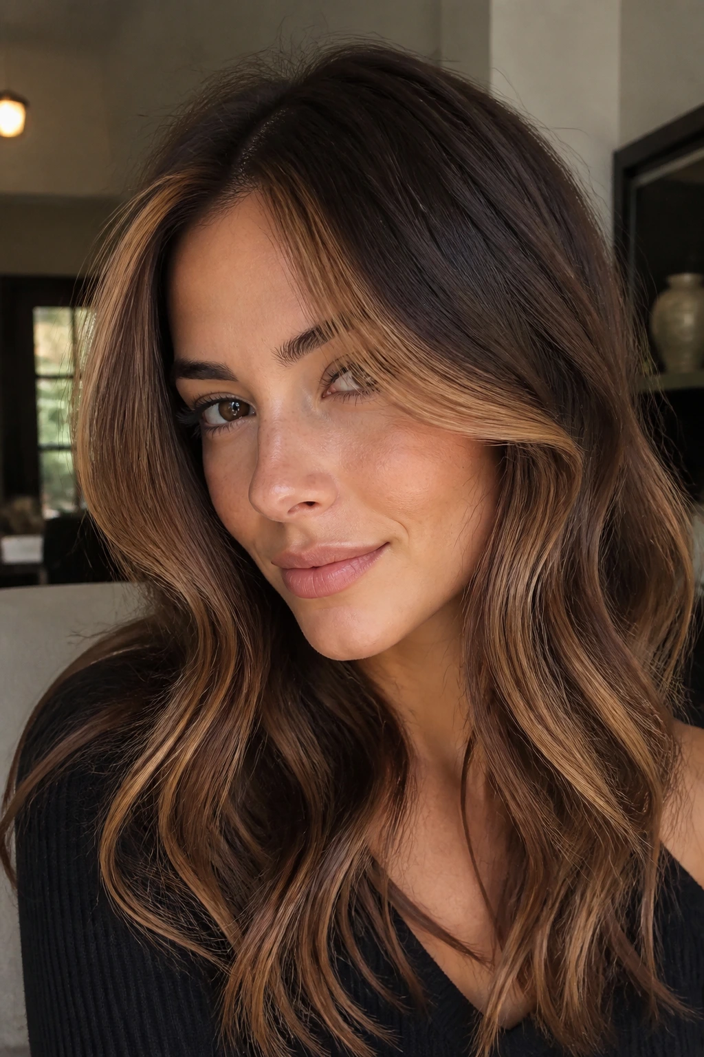 Chestnut hair with cinnamon face-framing pieces around the face.