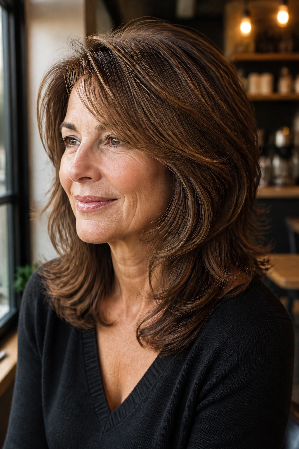 Close-up of cinnamon chestnut layered hair on an older woman