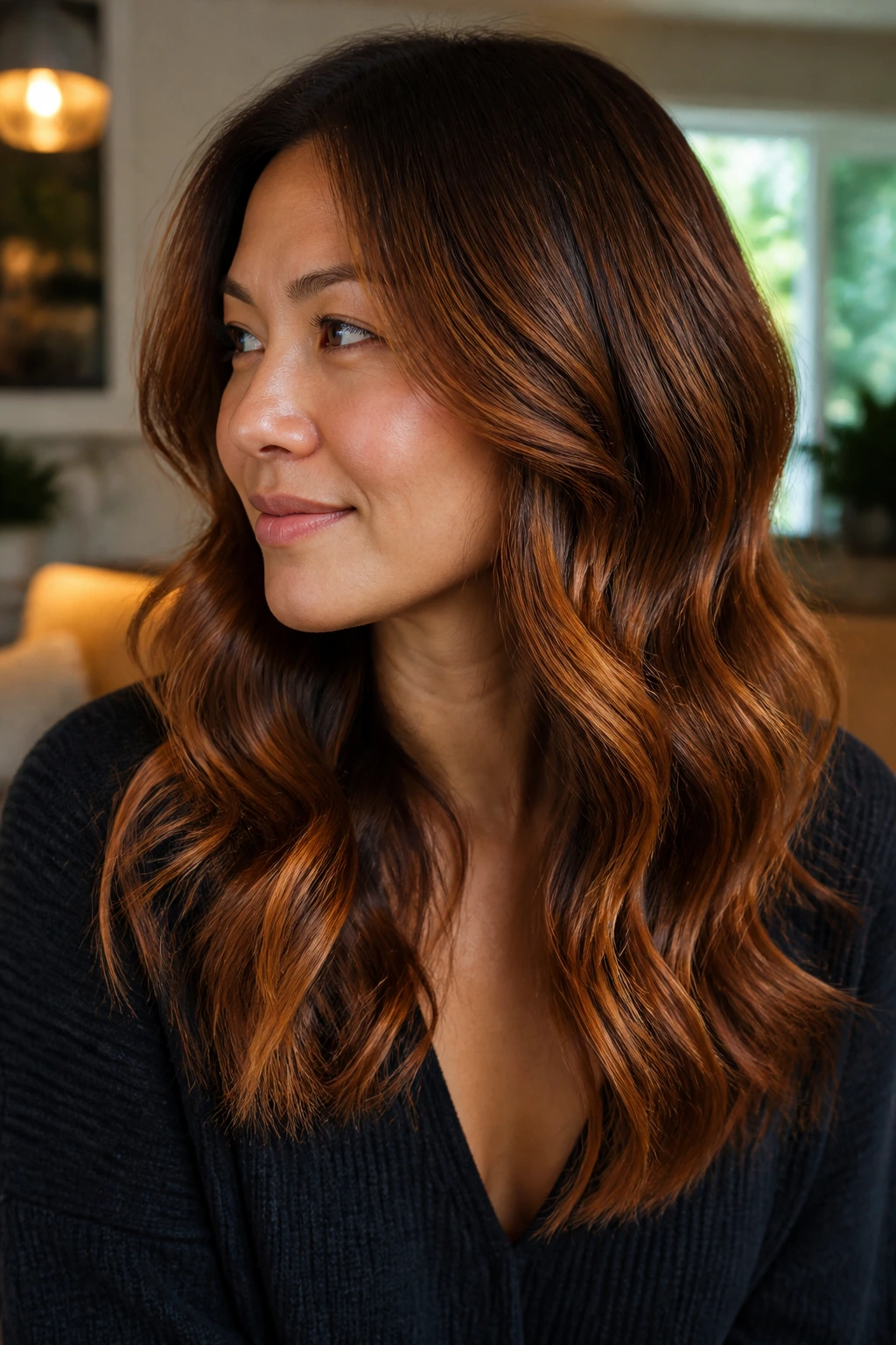 Close-up of cinnamon copper balayage on soft, wavy hair in a warm living room