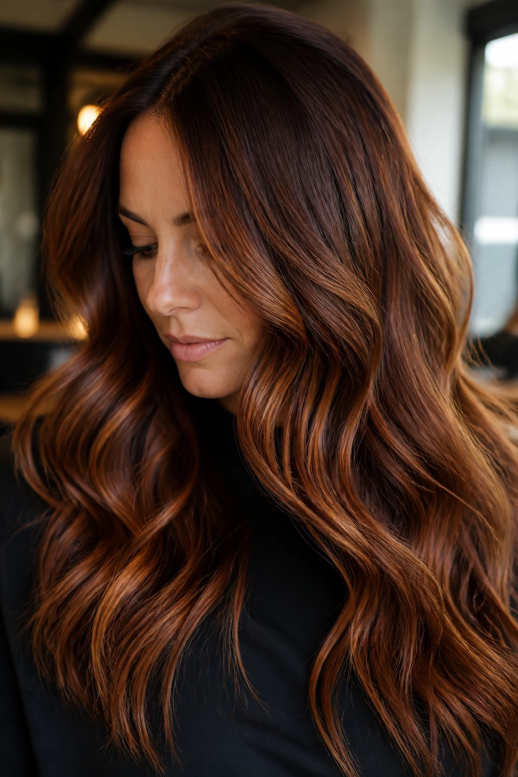 Chestnut waves with cinnamon copper balayage ribbons