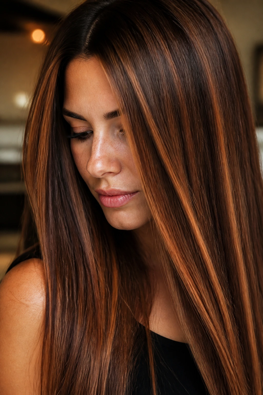 Close-up portrait of a real woman with cinnamon copper ribbons in long straight hair.