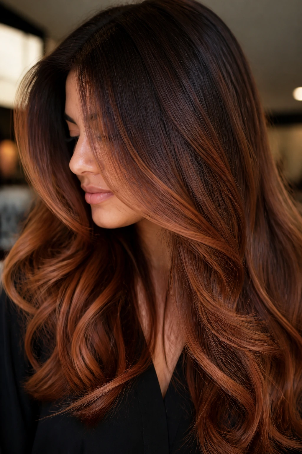 Long hair with cinnamon copper balayage ribbons across lower mids and front.