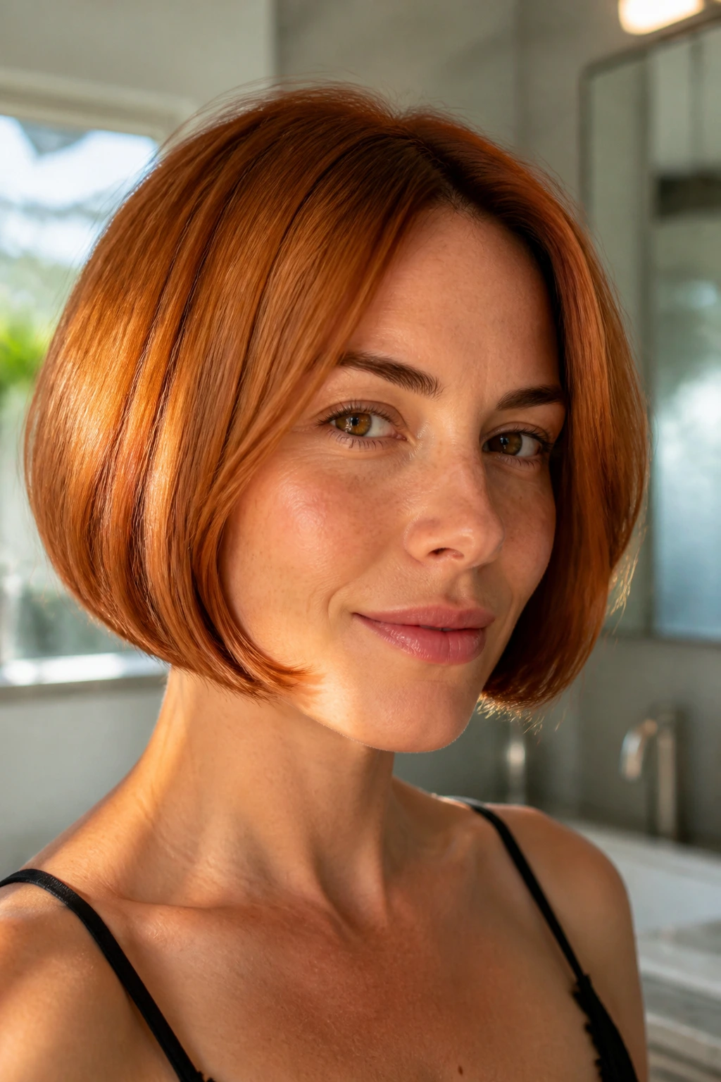 Portrait of a woman with a cinnamon copper bob showing a crisp blunt line.