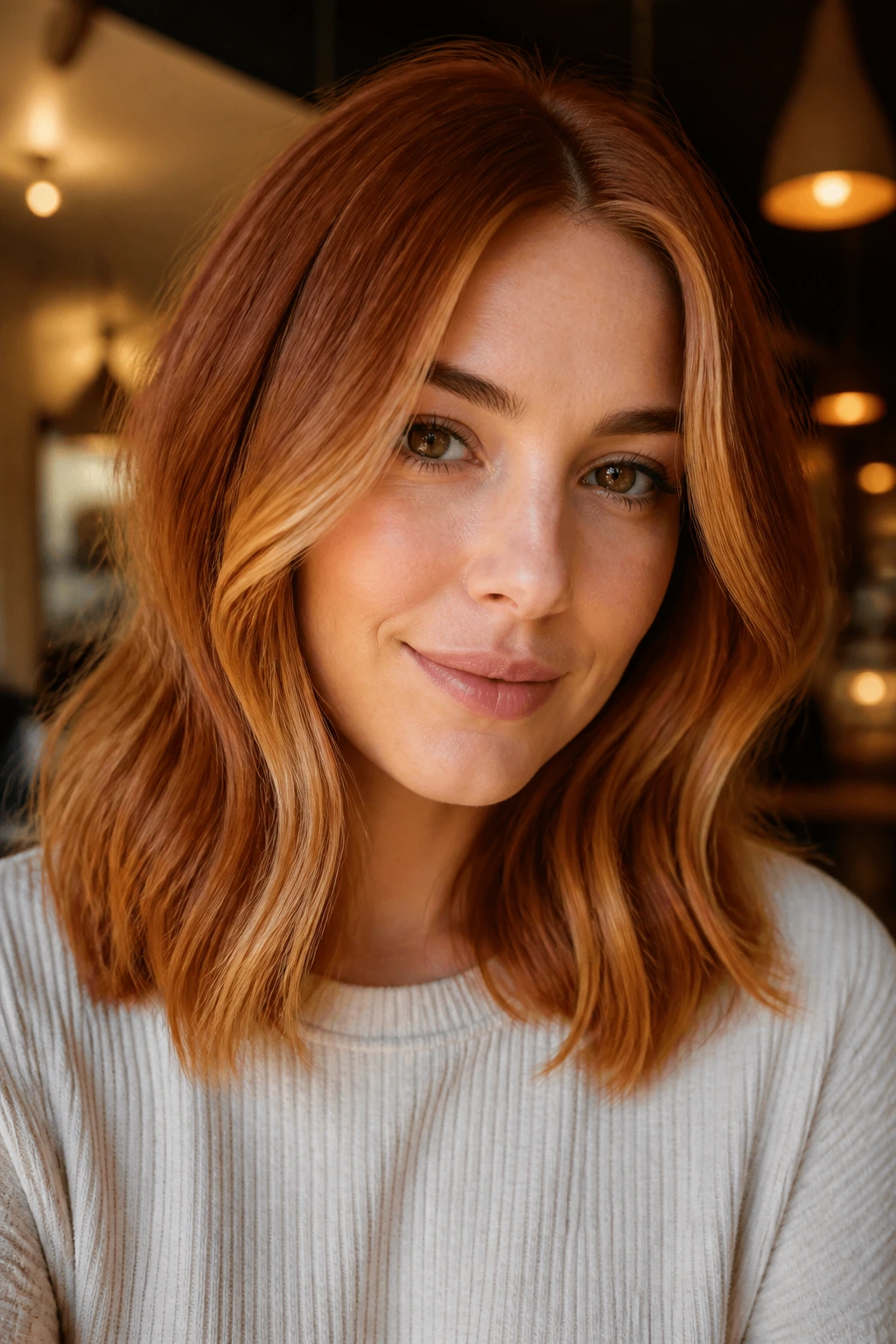 Close-up with cinnamon copper and face-framing pieces