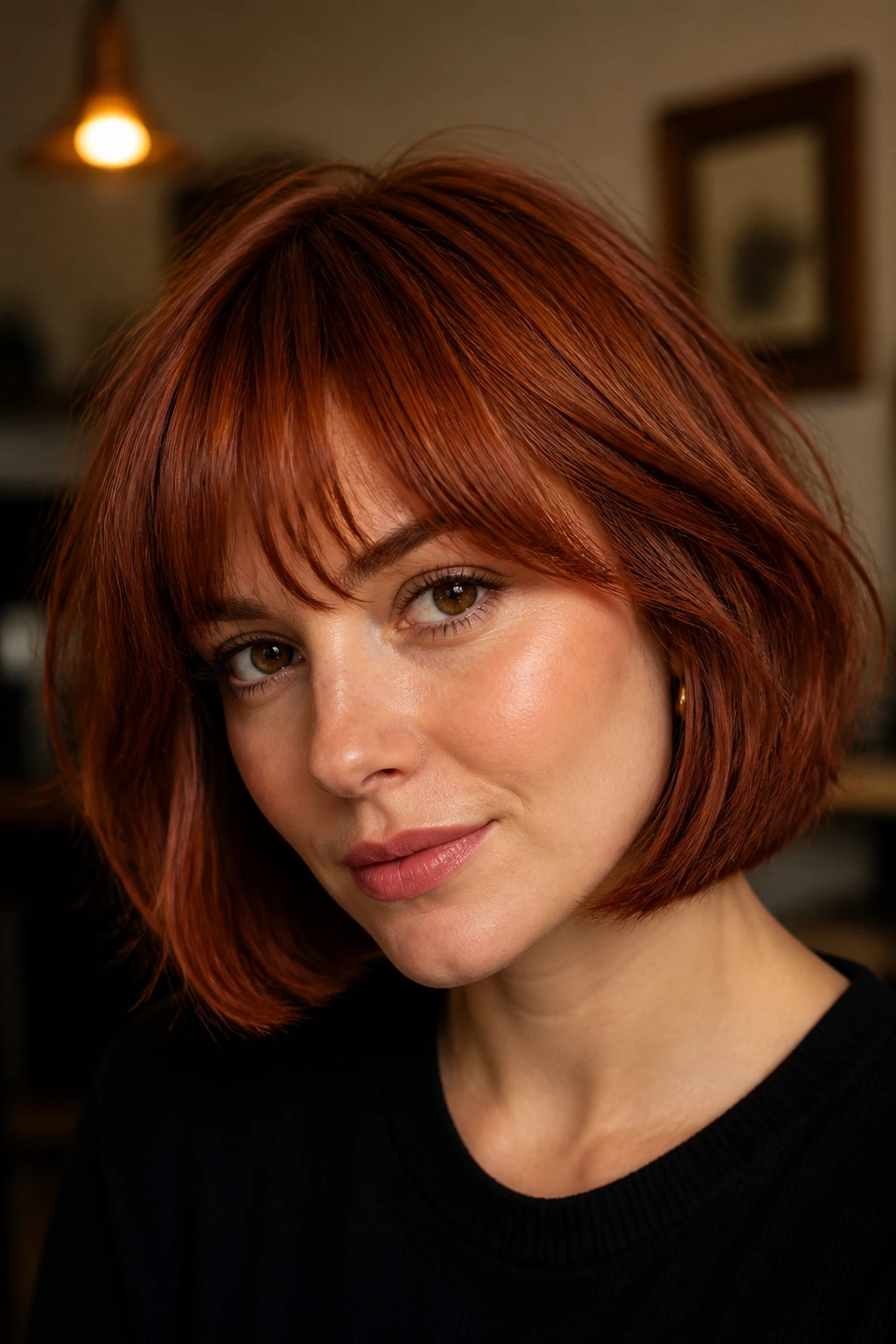 Close-up of cinnamon copper French bob on a real person