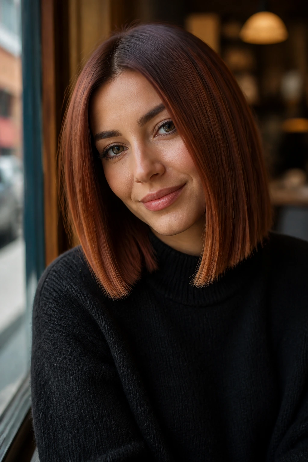 Close-up of cinnamon copper hair with copper reflect and chestnut base