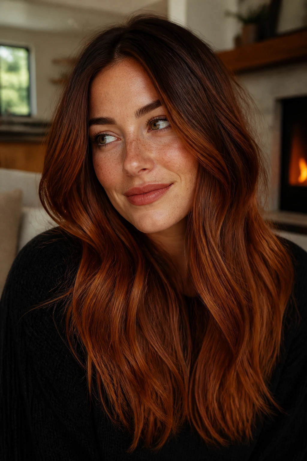 Portrait of a real woman with cinnamon copper hair showing depth and copper ends in a cozy room