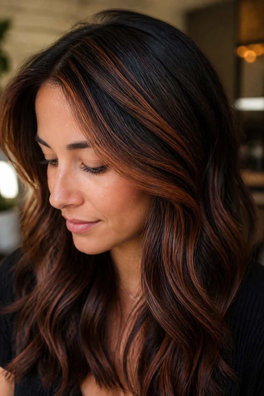 Close-up of copper threads woven through dark hair around the front and crown