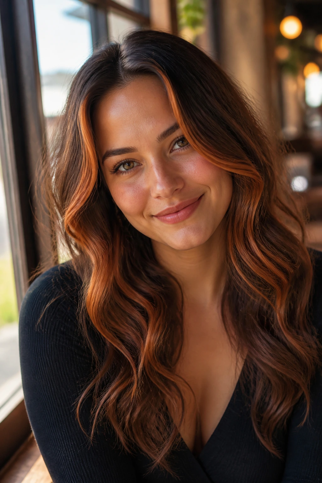 Close-up of a real woman with cinnamon copper loop around the face on wavy hair
