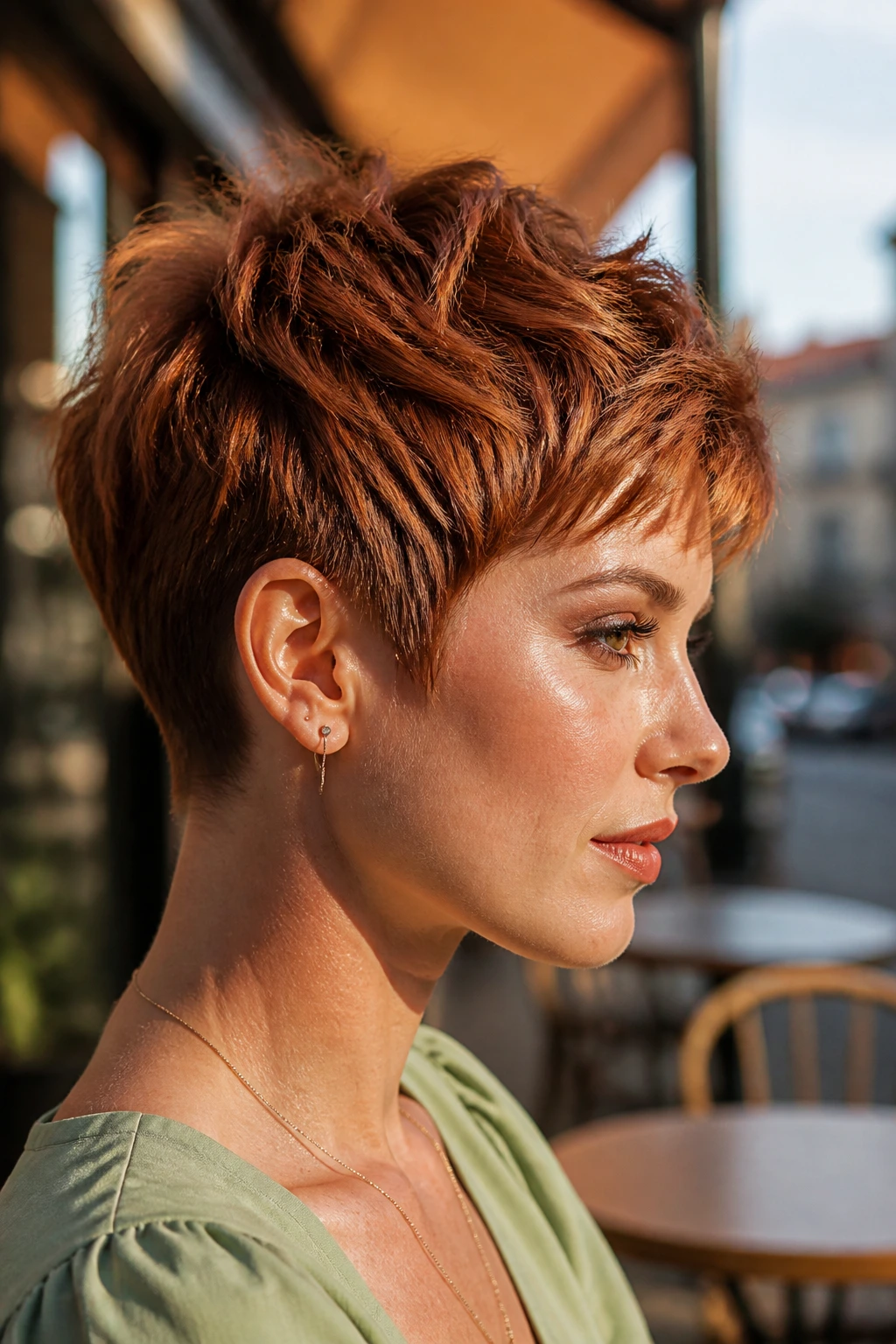 Close-up of a real person with cinnamon copper pixie under golden-hour outdoor light