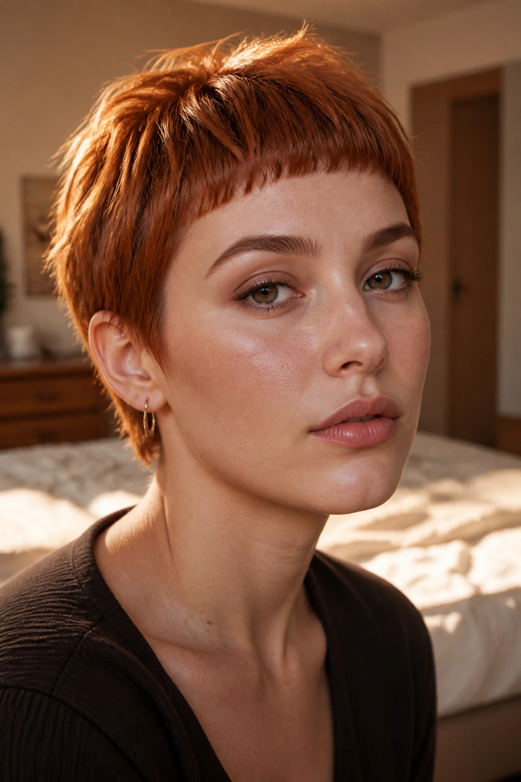Close-up portrait of a real woman with a cinnamon crop and micro bangs