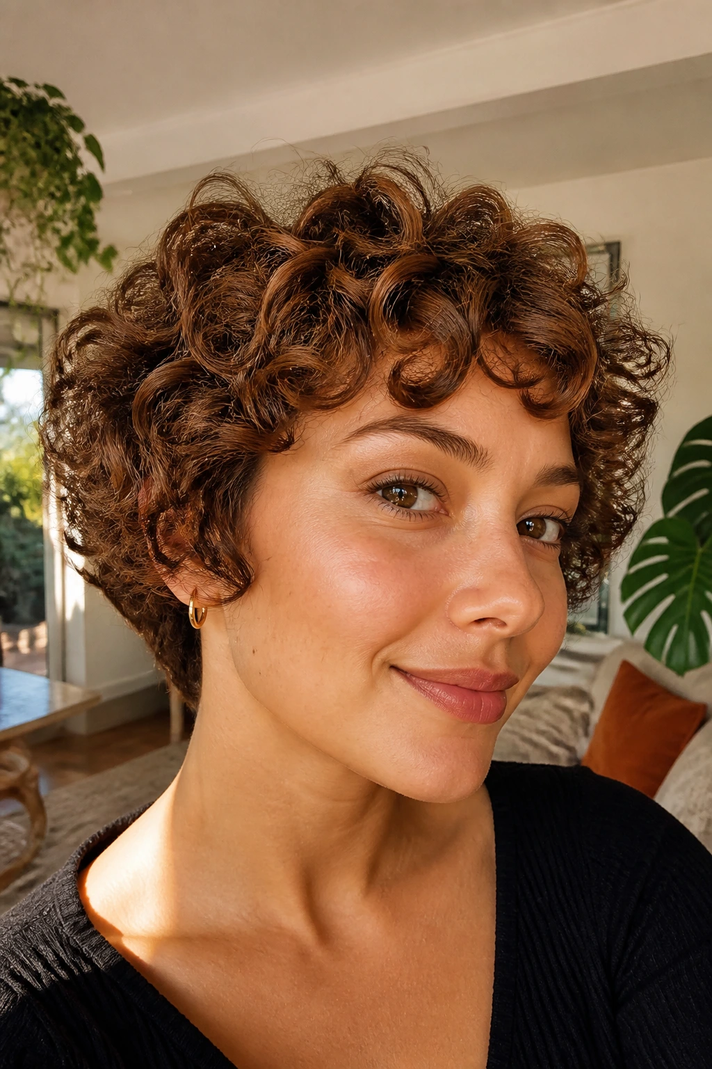 Close-up of cinnamon brunette curly crop with defined curls on a real person.