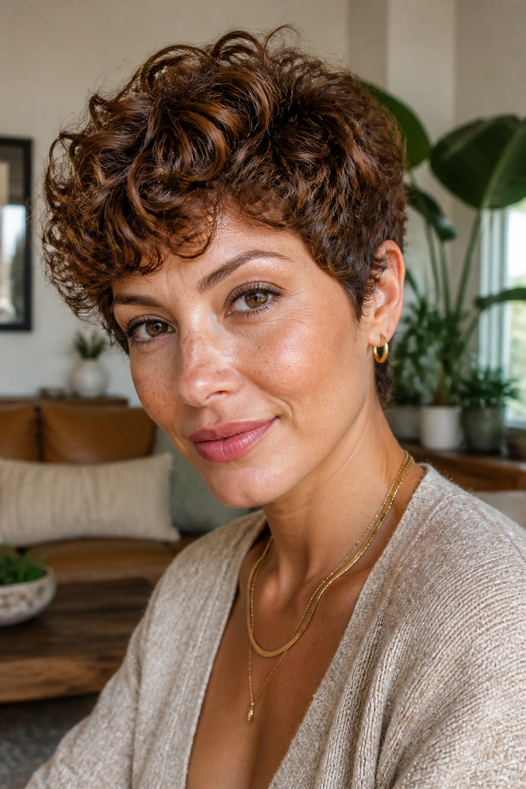 Close-up portrait of a real woman with cinnamon brunette curly pixie in a cozy living room