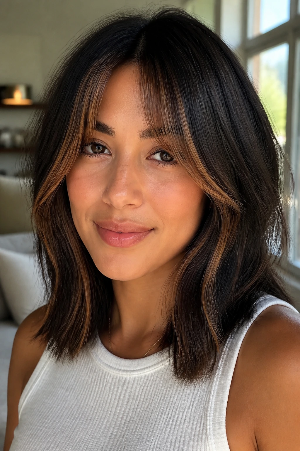 Close-up of a real woman with shoulder-length hair and cinnamon curtain bangs framing her face