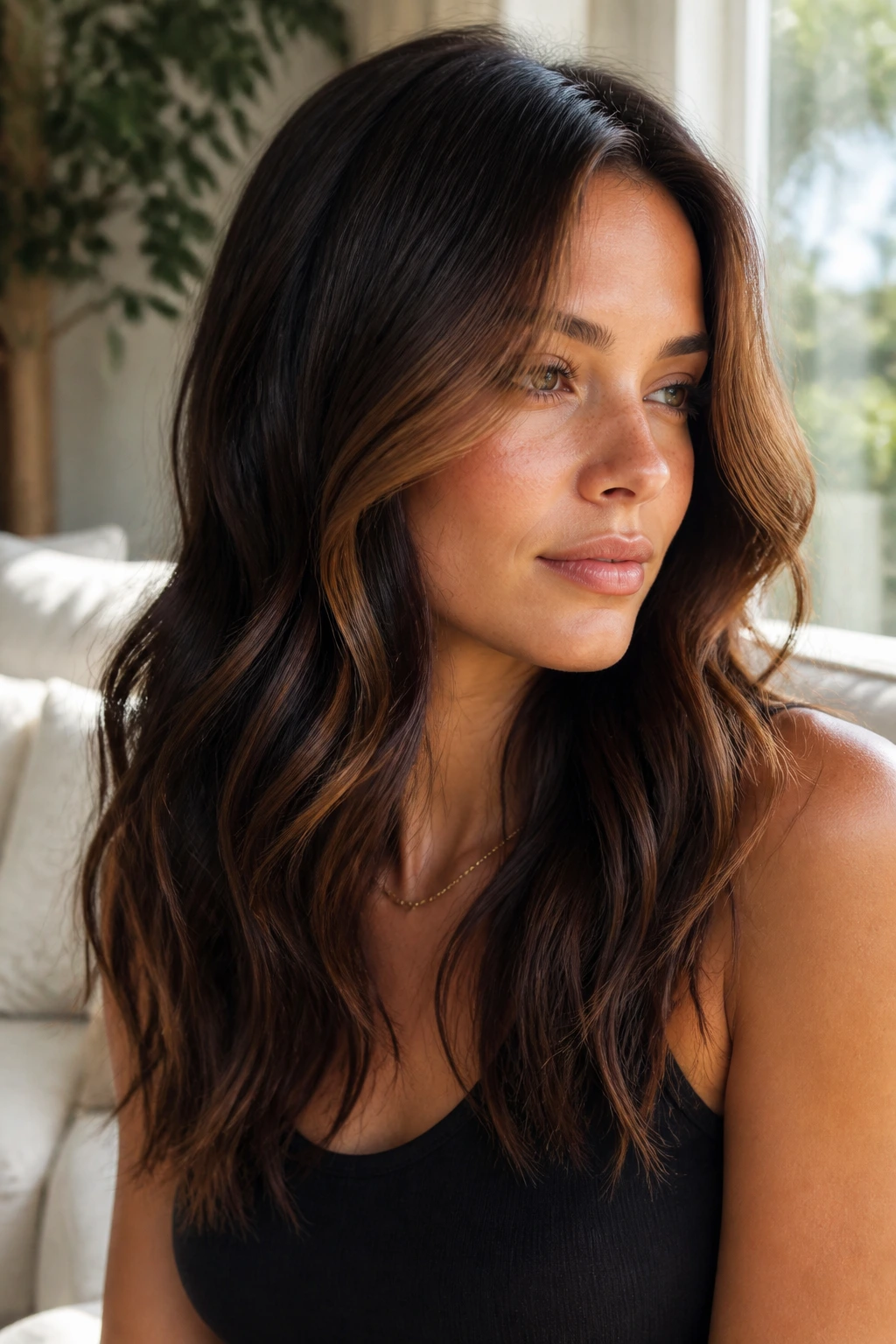 Real woman with cinnamon espresso balayage showing warm ribbons