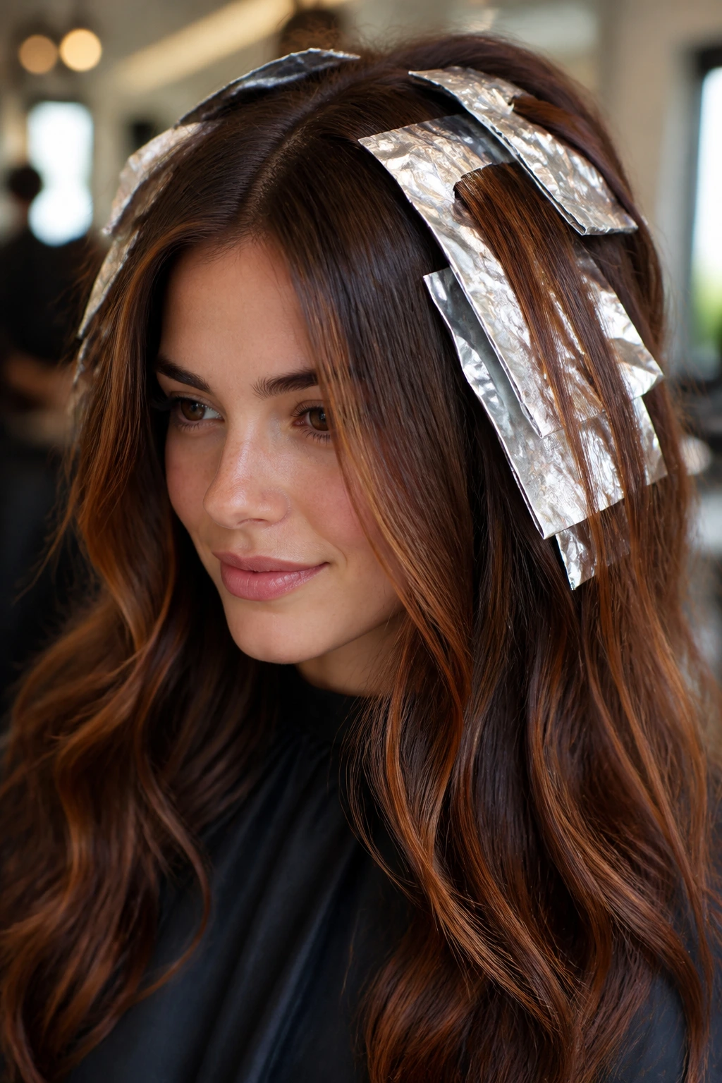 Close-up of brunette with cinnamon foilyage highlights in warm window light