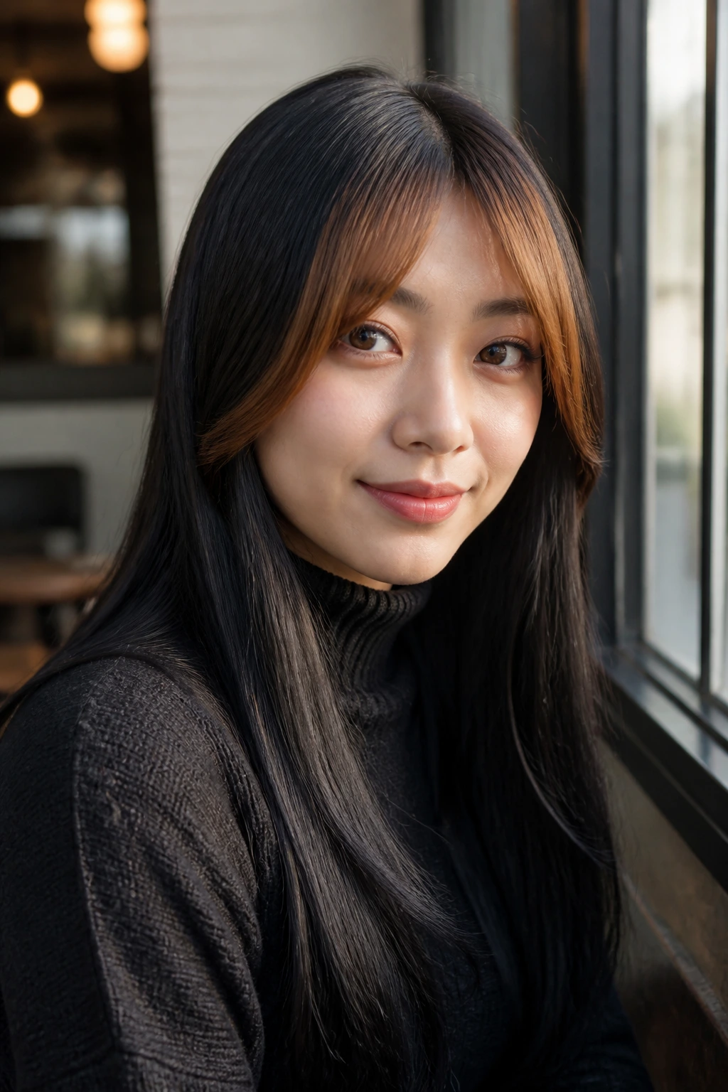 Close-up of straight hair with cinnamon-fringe on black base framing the face