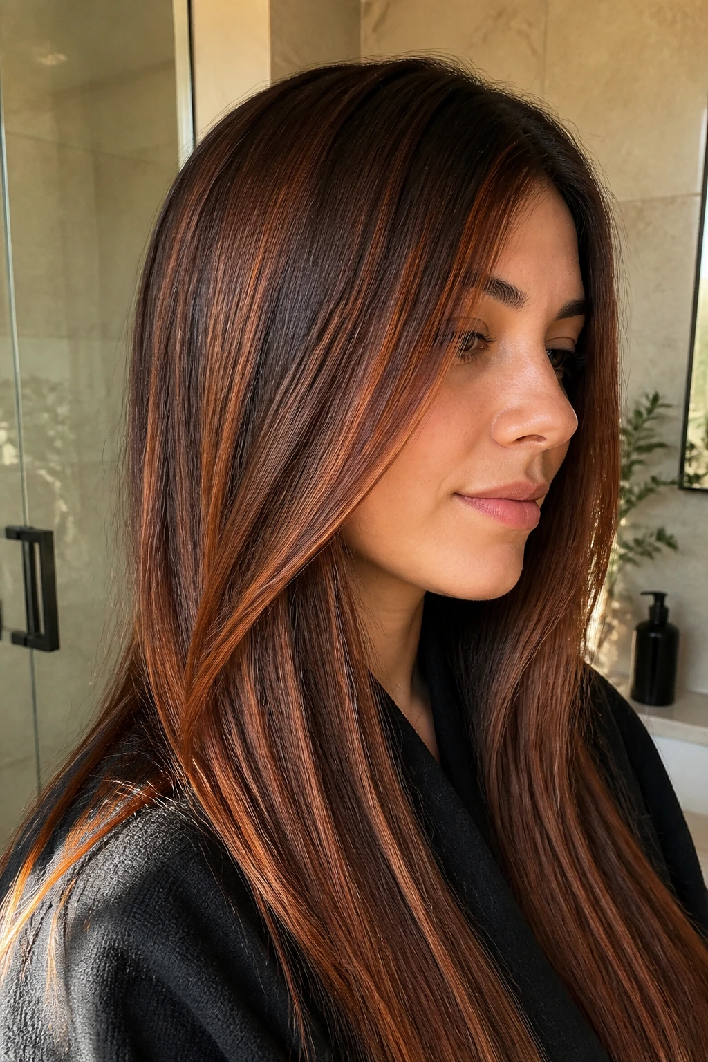Close-up portrait of a real woman with cinnamon glaze balayage on straight hair, red-brown glaze and depth
