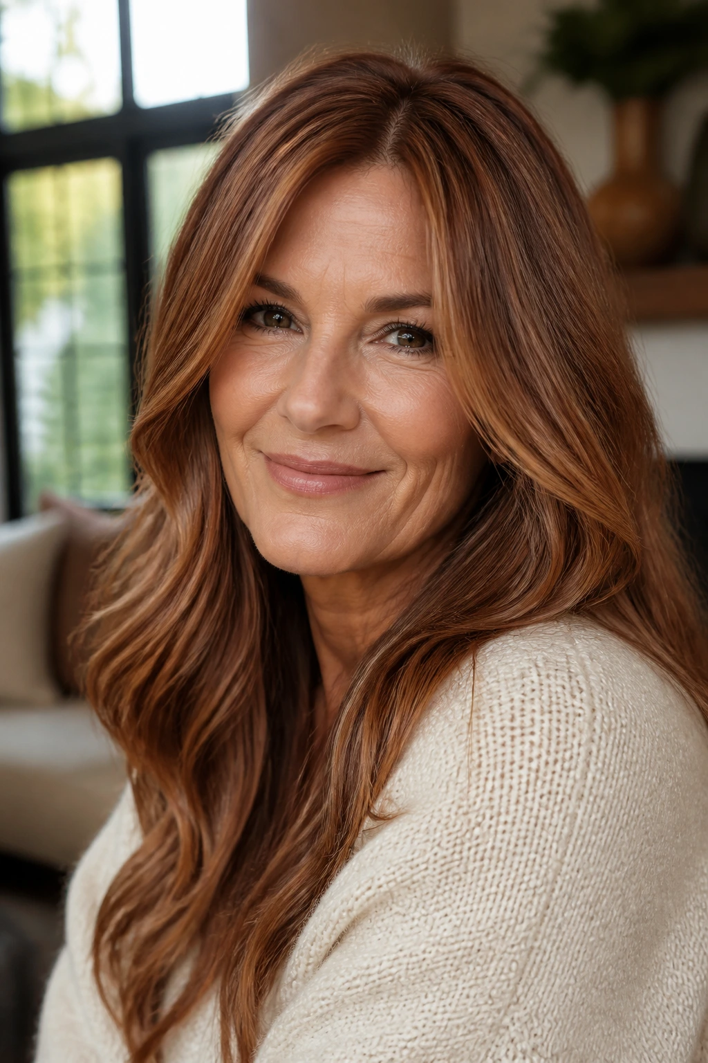 Close-up portrait of a real woman with cinnamon glaze hair and warm red-brown shimmer
