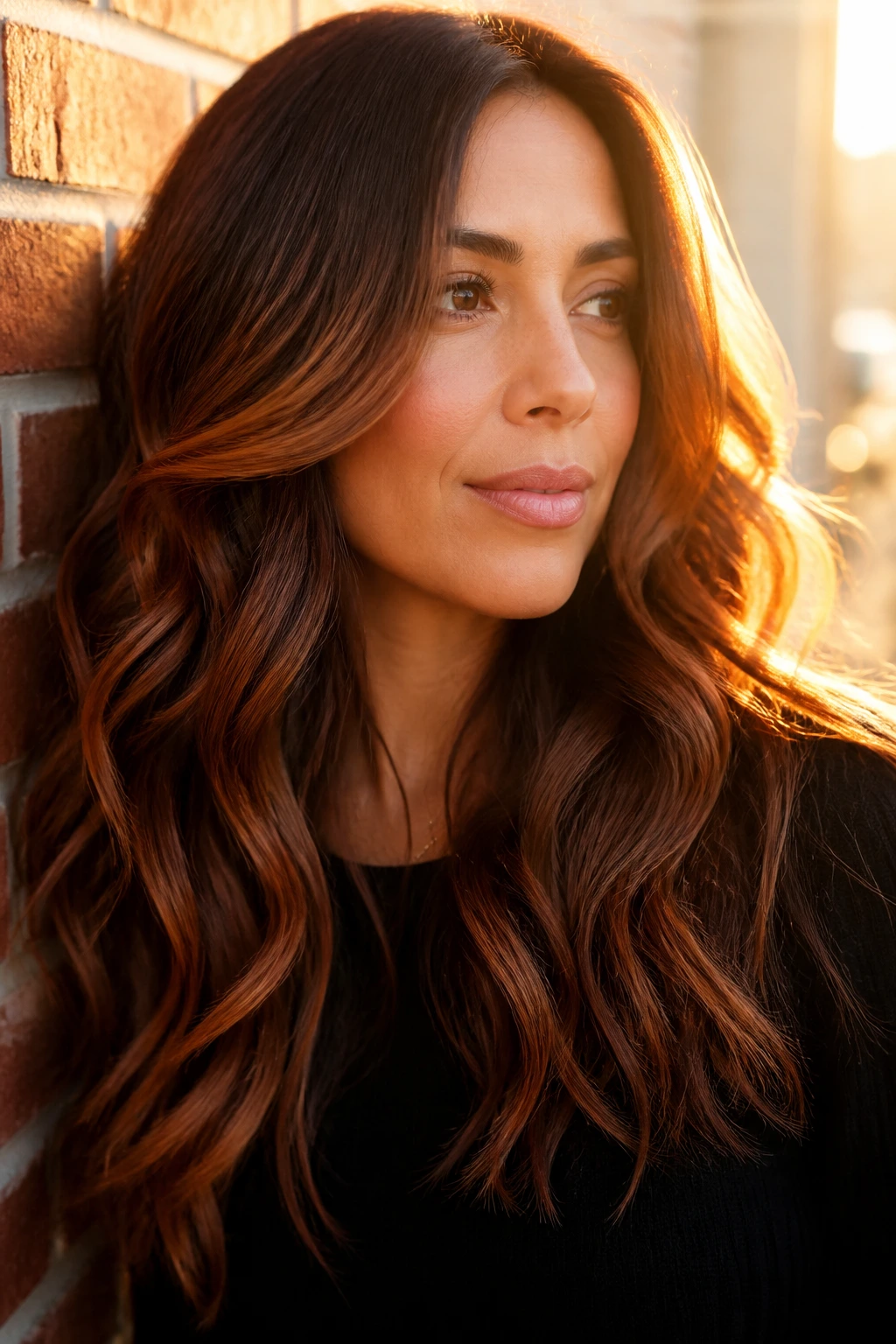 Wavy brunette with cinnamon gloss catching warm light