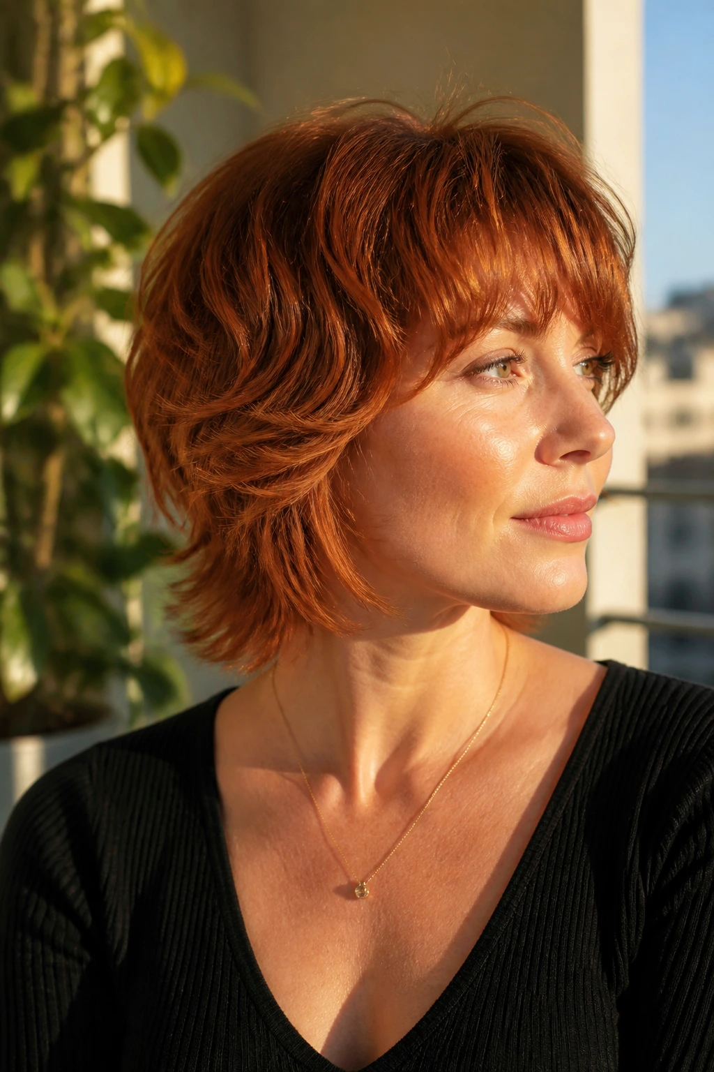 Close-up portrait of a woman with cinnamon feathered shag in warm sunlit light
