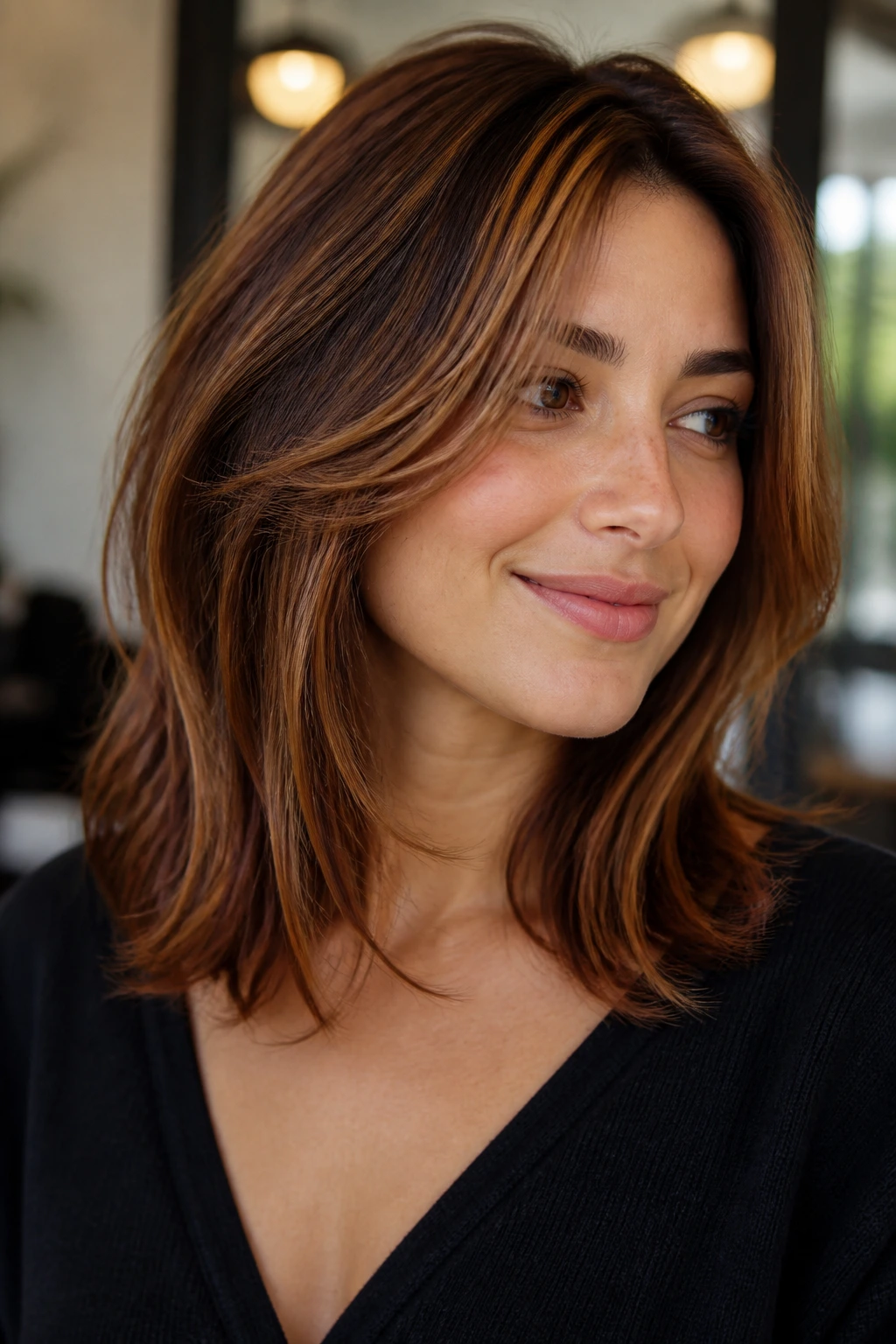 Close-up of a real woman with cinnamon swirl layers and warm brunette tones