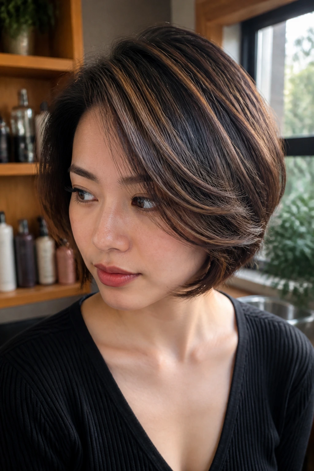 Close-up of a real Asian woman with cinnamon swirl highlights on a side-part bob.