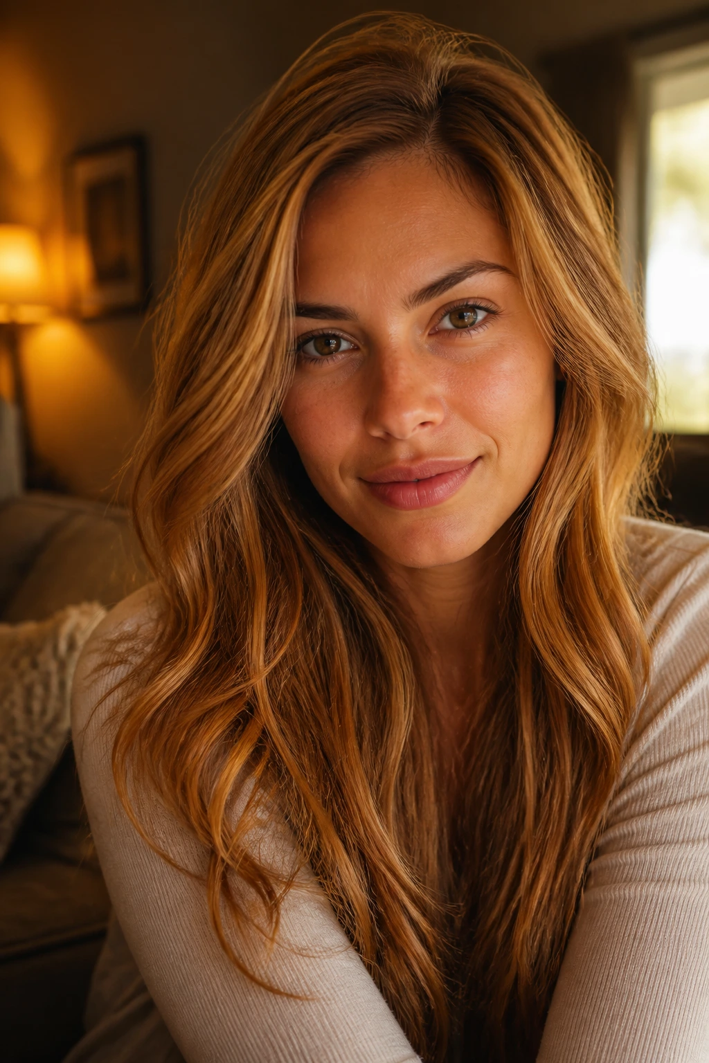Close-up portrait of a real woman with cinnamon honey blonde hair and copper lowlights in warm living room light
