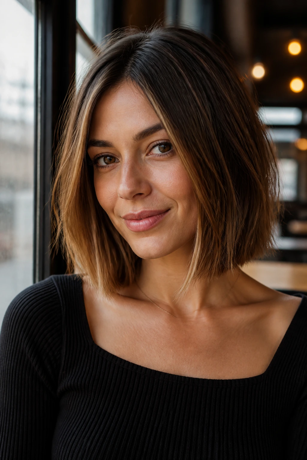 Portrait of a real woman with cinnamon-kissed collarbone bob