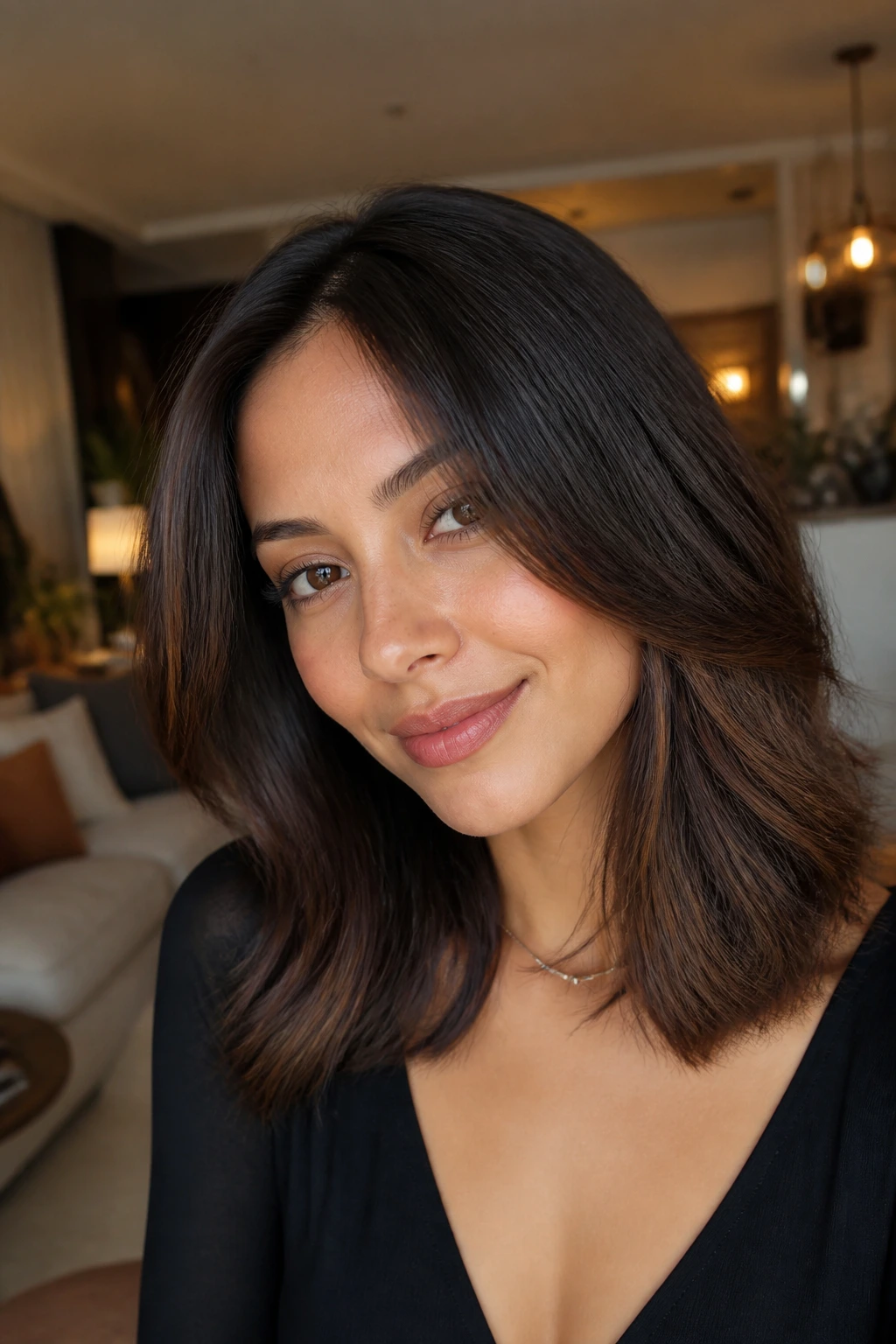 Close-up of Cinnamon-Kissed Black Layers on a real woman with warm cinnamon undertones