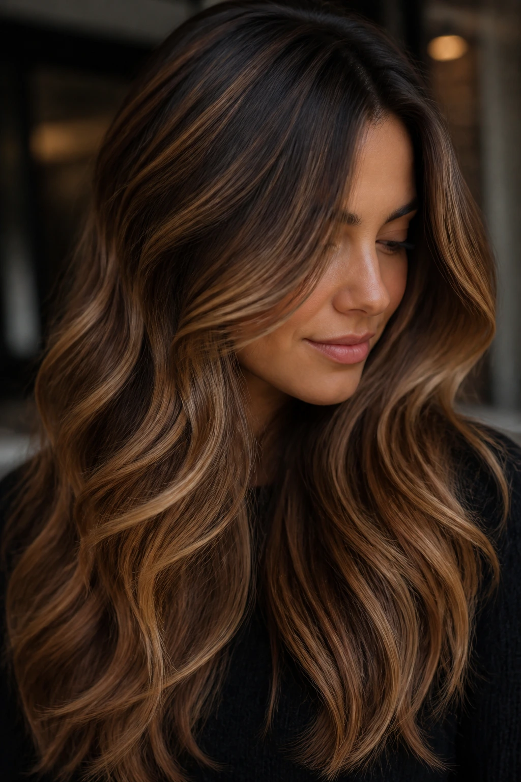 Brunette with cinnamon latte balayage featuring soft diagonal ribbons